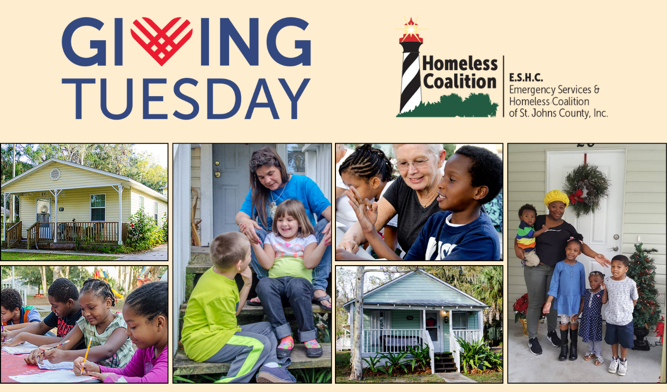 Collage with Giving Tuesday logo, Homeless Coalition of St. Johns County logo, photos of children being tutored, families on porches.