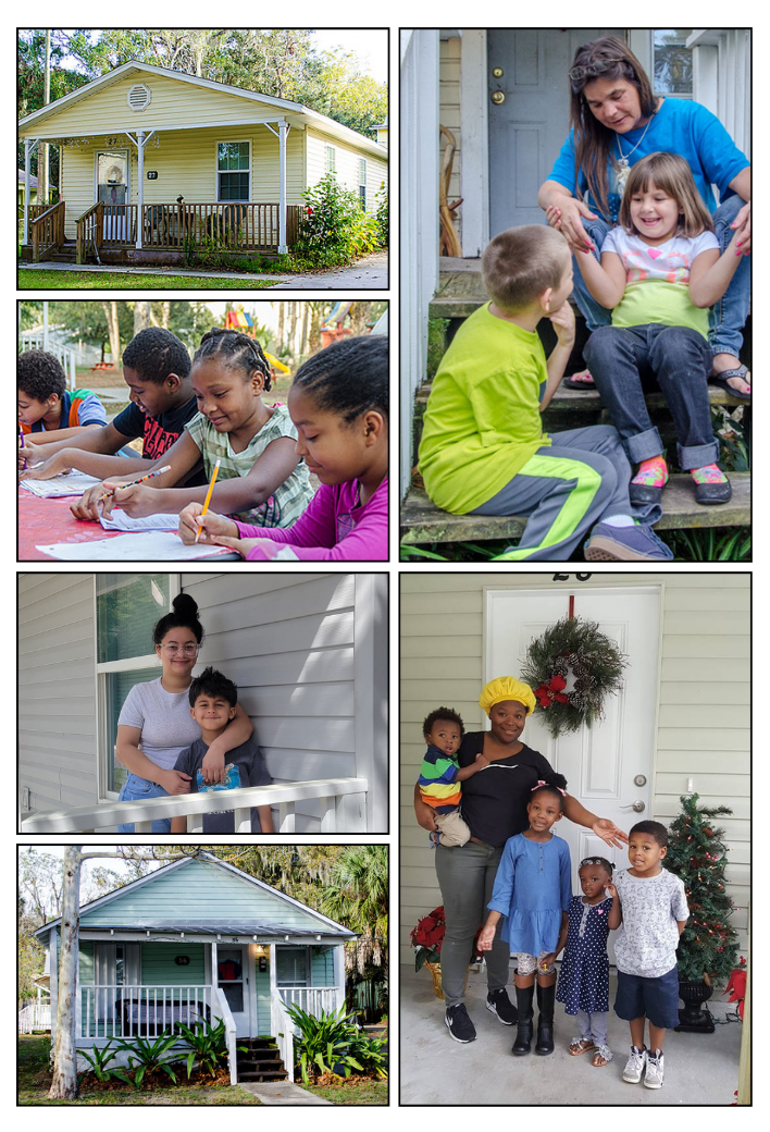 Collage of photos showing families with children and homes provided by the Homeless Coalition of St. Johns County