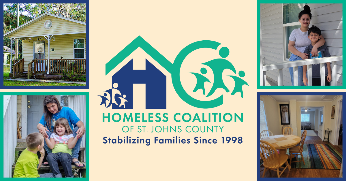 Homeless Coalition of St. Johns County logo with Stabilizing Families since 1998 tagline accompanied by two photos of homes and two photos of women with children.